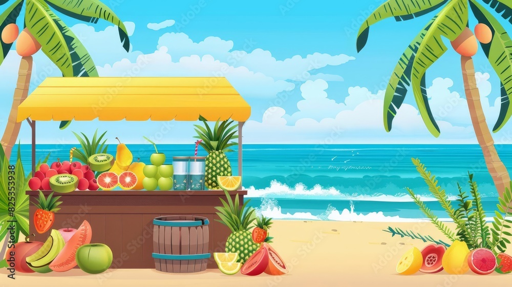 Obraz premium Colorful tropical fruit stand on a sunny beach with palm trees, offering fresh produce, ocean waves, and summer vibes in a picturesque setting.