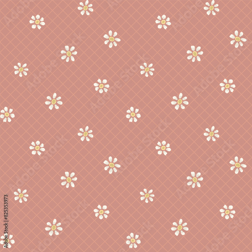Daisy or chamomile flower seamless vector pattern vector pattern background. Small flower heads scattered on pink backdrop. Simple all over print for spring, summer, gardening, girl baby products