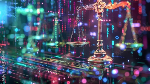 Digital representation of justice with scales on a vibrant, futuristic background full of glowing lines and patterns, signifying technology and law. photo