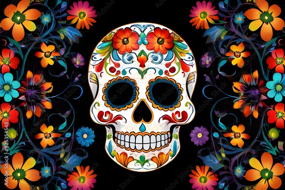 Beautiful colorful sugar skull with flowers on black background. Generative AI Beautiful colorful sugar skull with flowers on black background. Generative AI