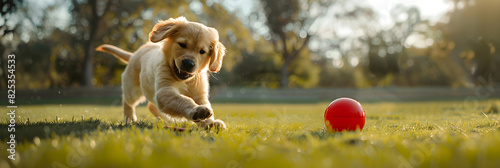 Golden Retriever Puppy Chasing a Red Ball in Sunlit Park, Capturing Playfulness and Joy on a Beautiful Day photo