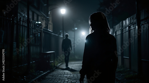 A Back or rear view Silhouette of a young woman walking home alone at night , scared of stalker and being assaulted, insecurity concept
 photo