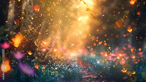 A magical forest filled with glowing flora  and a defocused background of softly shimmering particles -