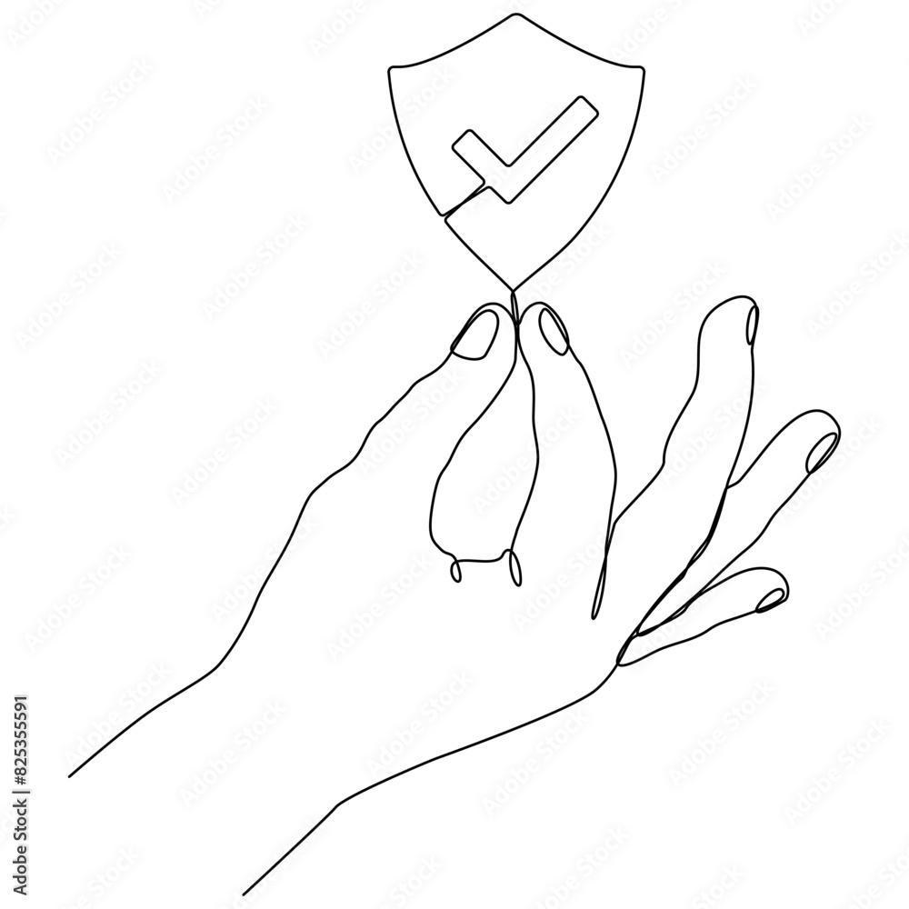 Hands holding shield badge continuous line drawing. Approval check guard linear symbol. Vector illustration isolated on white background. Hands holding shield badge continuous line drawing. Approval check guard linear symbol. Vector illustration isolated on white background.