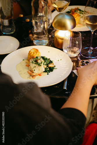 steamed fish with mashed potato dish served in a restaurant