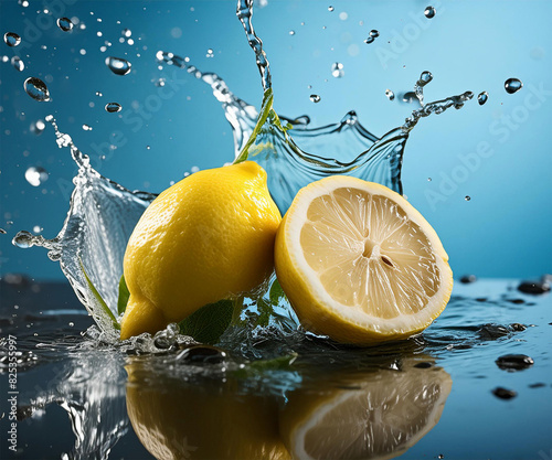 lemons in water splash with blue background