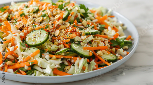 Healthy cabbage, carrot, and cucumber salad, beautifully plated with a sprinkle of nuts and seeds, on a white marble countertop