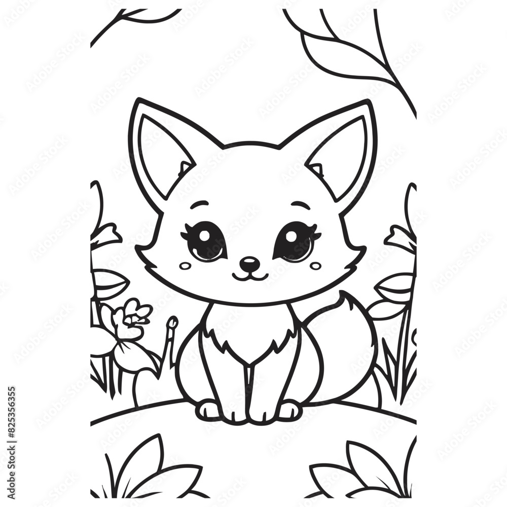 Obraz premium Chibi Kawaii style of a Sweet little fox in garden, coloring page, Cute background