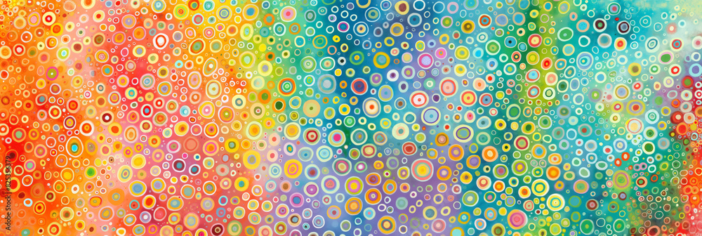 Abstract artwork with numerous small, vibrant circles creating a rainbow gradient effect, evoking a sense of joy and energy.
