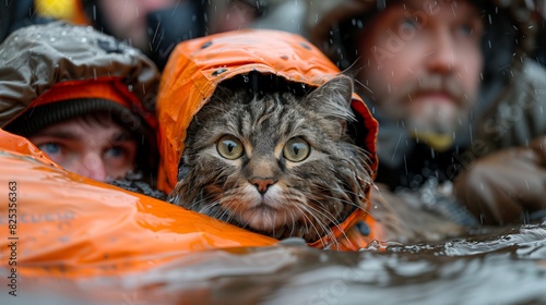 Rescuing a cat during a flood. A drenched cat is rescued from flood waters by a man in a rescue uniform