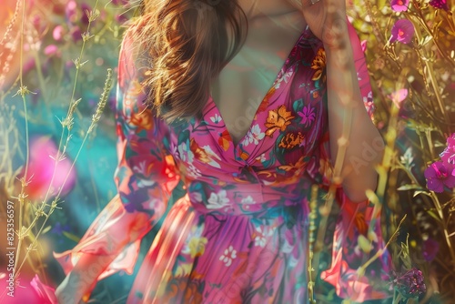 Closeup of a vibrant floral dress, summer day, photorealistic, Composite, blooming garden backdrop