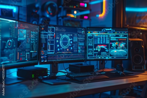 Closeup of an organized desk with multiple screens, emphasizing multitasking, cybernetic tone, Triadic Color Scheme