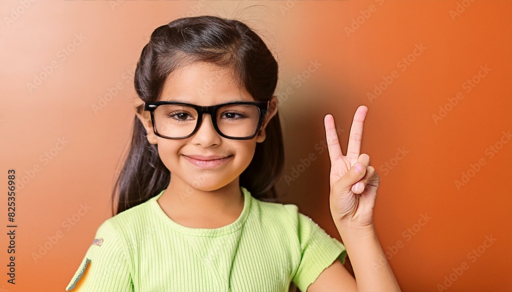 An indian 5 years smart student girl showing a victory sign with his hand spectacles on face