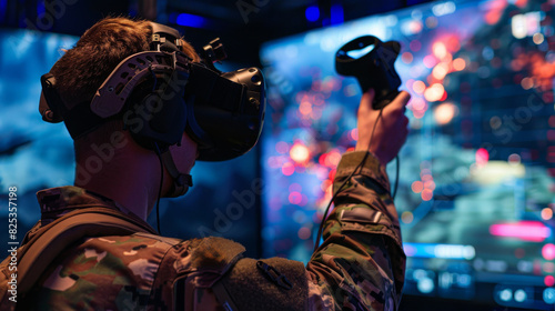 Man in military uniform with VR headset and controller