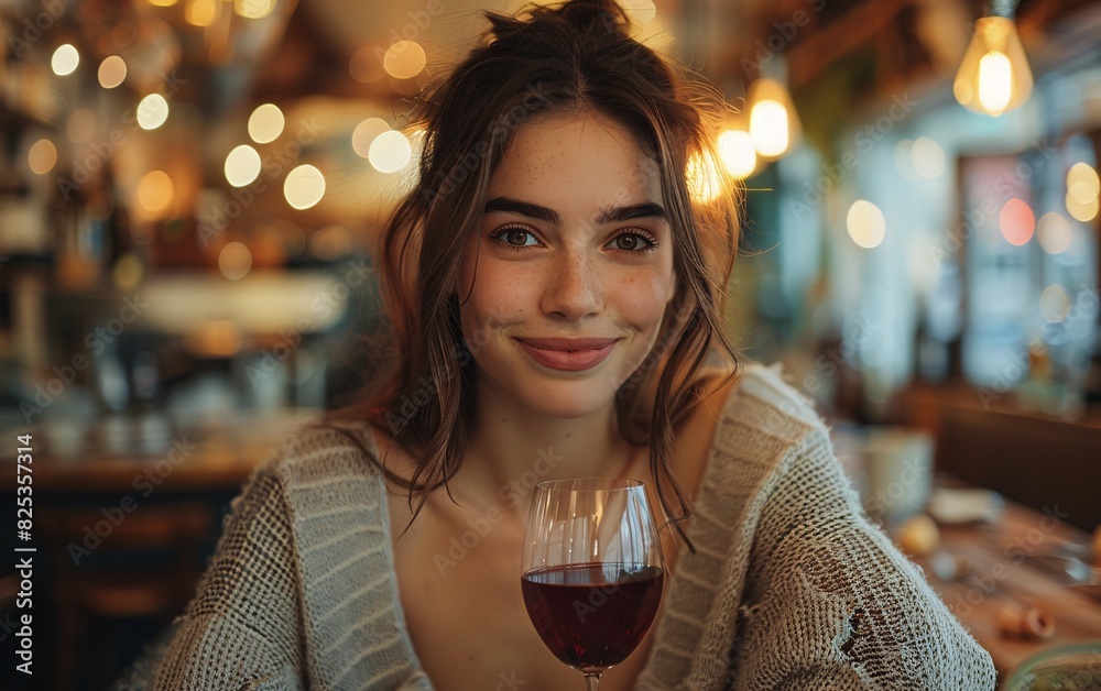 Experience the charm of cinematic portrait photography with this stunning image of a joyful woman holding a glass of red wine, gazing straight ahead