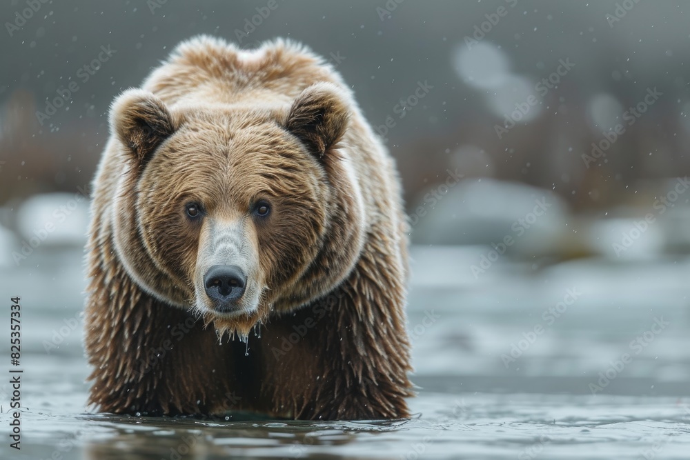 Alaskan brown bear in water during snowfall Alaskan brown bear in water during snowfall