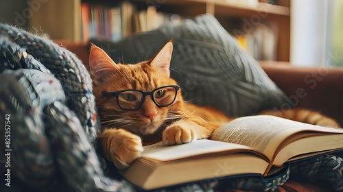  Red cat in glasses lying on sofa with book photo