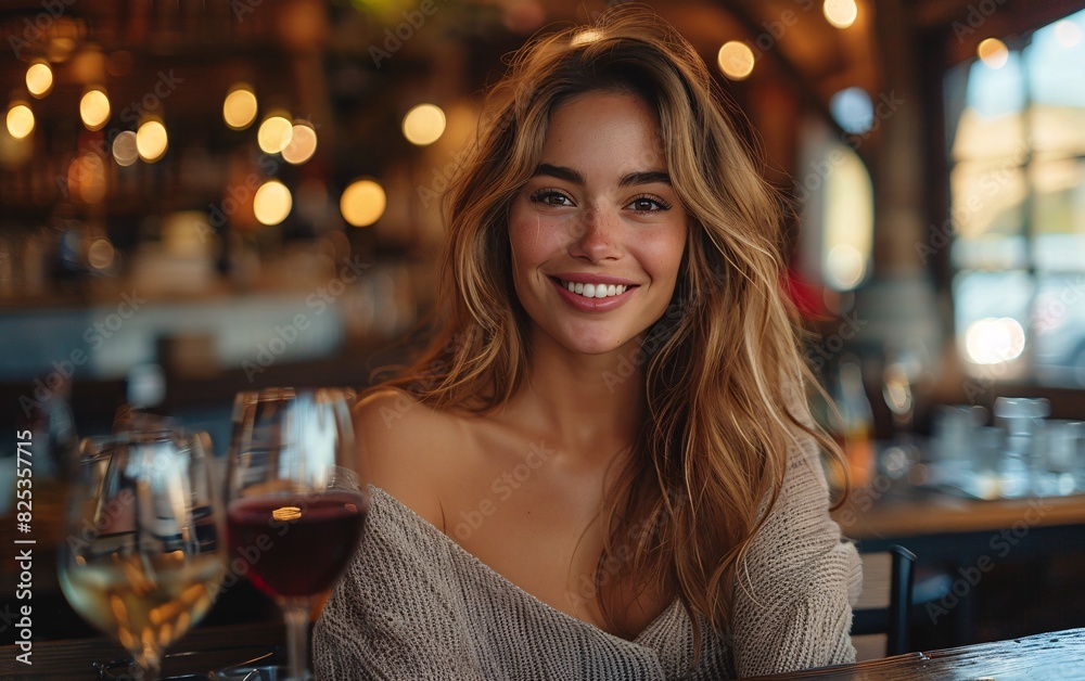 Experience the charm of cinematic portrait photography with this stunning image of a joyful woman holding a glass of red wine, gazing straight ahead