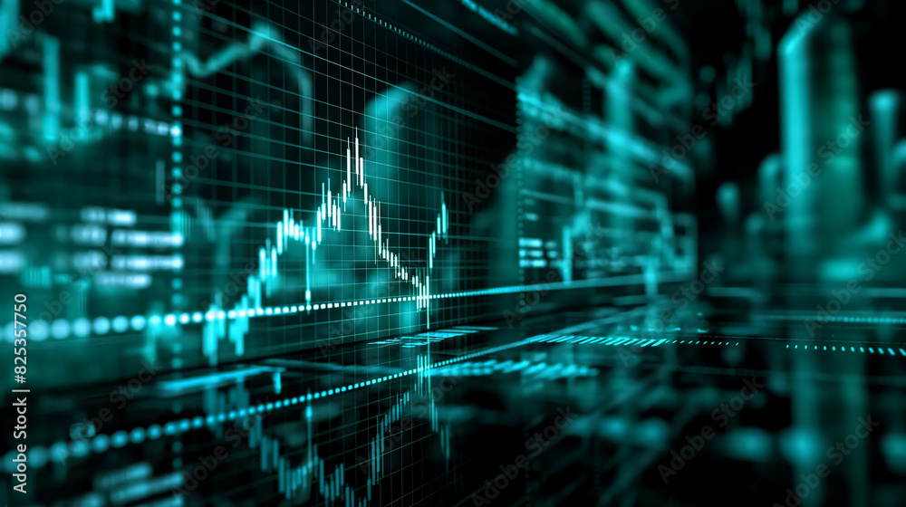 Financial stock market graph with glowing green lines and data points, on a dark background, depicting market trends and analytics.