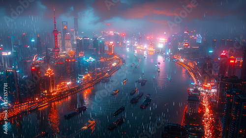 Oriental Pearl  Bund  Shanghai  Cyberpunk  information flow  technological lines  night  overlooking Angle  vista generative ai