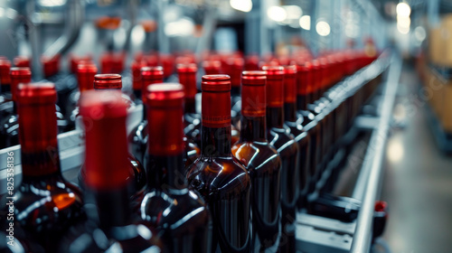 A row of red wine bottles on a conveyor belt
