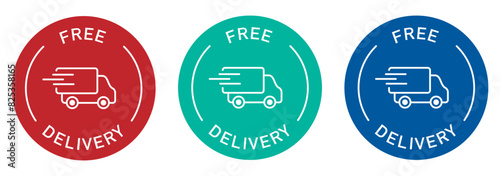 Free delivery label vector design for packaging. Shipping color sticker. Illustration, logo, symbol, sign, stamp, tag, emblem, mark or seal for package.