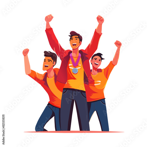 Fans celebrate sport victory. Happy friends raised their hands and shouted goal. Concept of victory, luck and achievement. Illustration