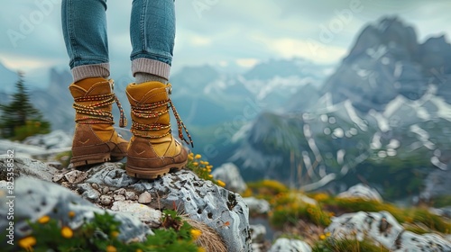 A person is standing on a mountain top with their feet in the air