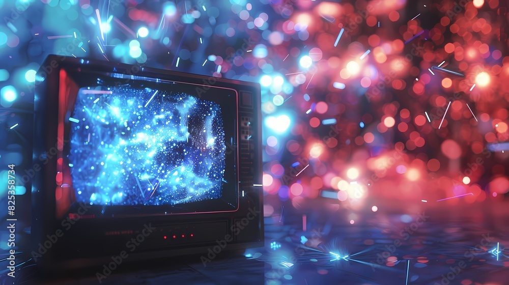 A scene of a CRT monitor, with a background of particles of light and electrons