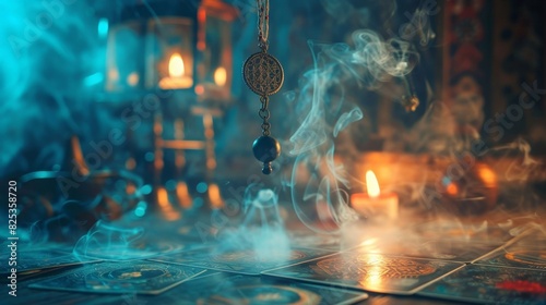 A mysterious pendulum hovers over an ancient book, surrounded by candles and smoke photo