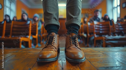 A person is standing in front of a group of chairs with a pair of brown shoes