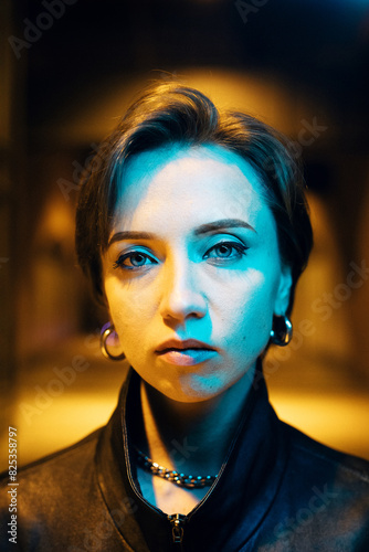 Woman with earnest gaze in illuminated night photo