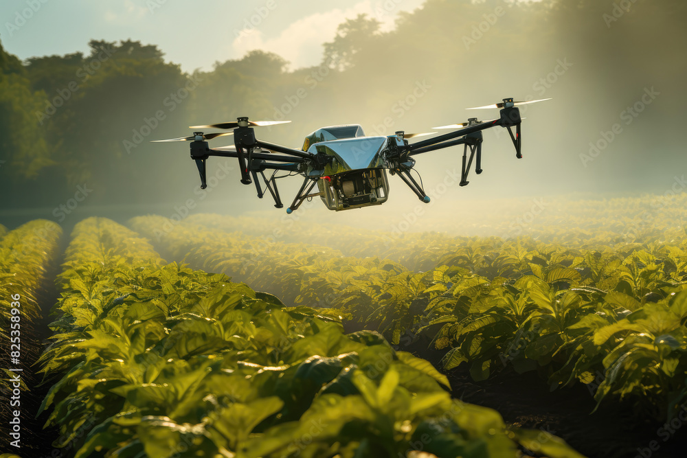 generated illustration of drone hovers above a farm field, surveying plant