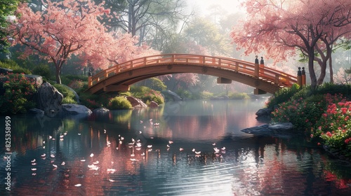 japanese zen garden, tranquil zen garden features a wooden bridge over a serene pond, lush greenery, and blooming cherry blossom trees, fostering a calming environment