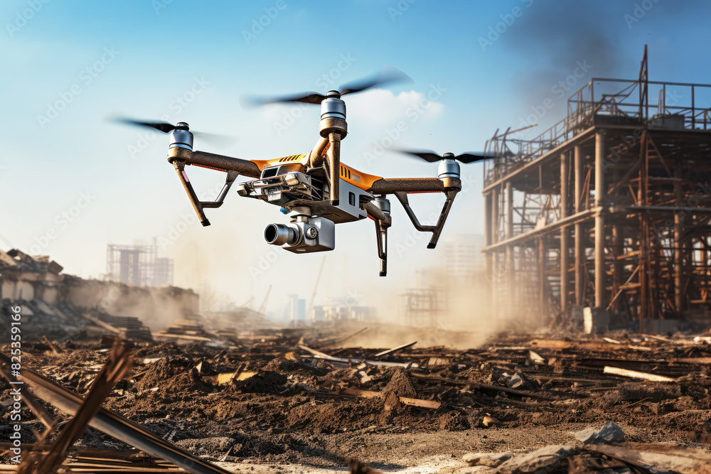 Naklejka premium generated illustration safety drone over construction site. video surveillance or industrial inspection.