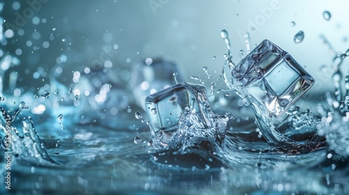 Ice cubes splashing in water with a blue background. © Sittipol 
