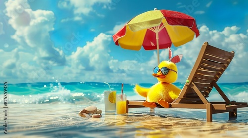 a yellow little duck lying on a deckchair on a sunny beach. there is a small table with drinks, he is under a parasol, he is wearing sunglasses photo
