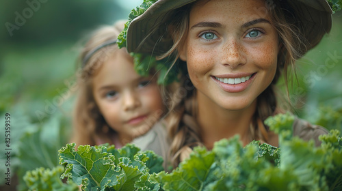 smiling mother and daughter picking cabbage in the garden