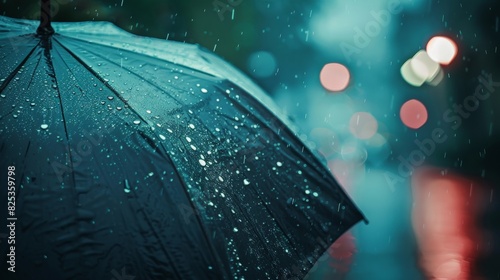 Raindrops falling on a black umbrella with blurred bokeh background