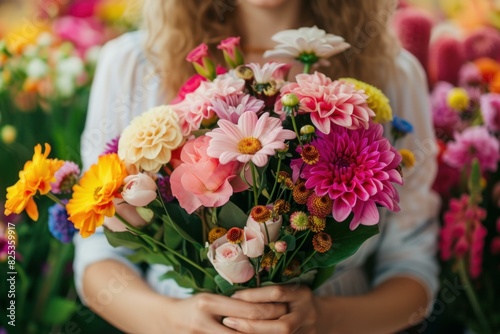 Unrecognizable woman holding a vibrant bouquet of mixed flowers against a floral background