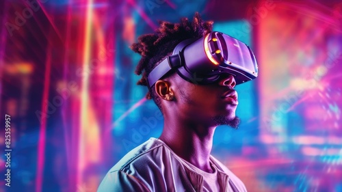 People wearing VR goggle while enter metaverse with neon color background. People with VR headset against abstract neon pattern background. Concept of virtual reality and futuristic technology. AIG35. © Summit Art Creations