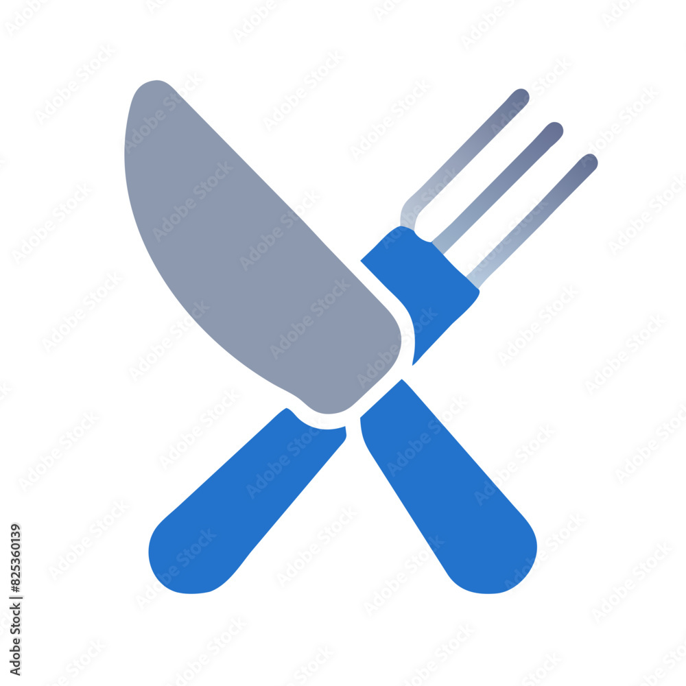knife and fork crossed at the handles, with blue accents knife and fork crossed at the handles, with blue accents