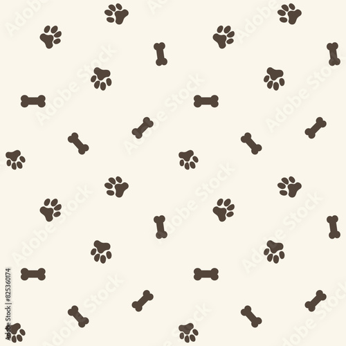 Dog paw and bone seamless vector pattern background. Fun scattered neutral canine backdrop with bones. Ecru beige animal repeat for doggie and pet products. Small elements all over print.