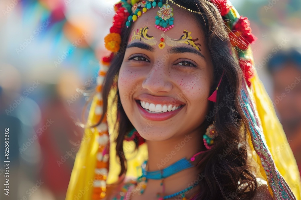 Young adult woman wearing vibrant and colorful traditional festival attire adorned with flowers and elaborate headwear, showcasing joyful expression and warm smile at an indian cultural celebration
