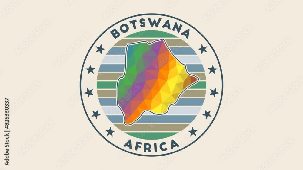 Botswana intro video. Badge with the circular name and map of the country in low poly tech geometric style. Astonishing country round logo animation.