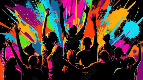 Silhouette of a joyful crowd at a concert or festival, with raised hands, splashy color burst patterns