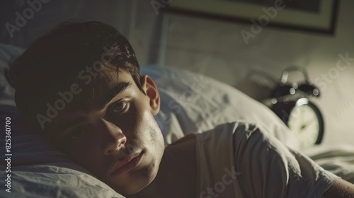 Male model in bed in background of alarm clock with shallow depth of field