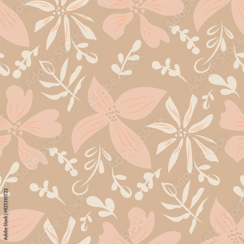 Peach fuzz tropical flowers seamless vector pattern background. Hand drawn floral backdrop. Nature botanical pink peach orange repeat all over print for gardening, packaging. Naive boho style