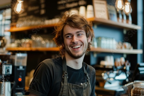 Cheerful young male barista smiling in a cozy cafe environment, exuding a warm hospitality