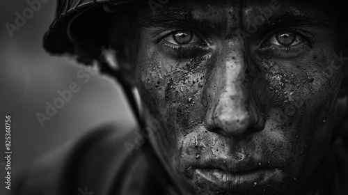 A man with a black helmet and a black face with dirt on it